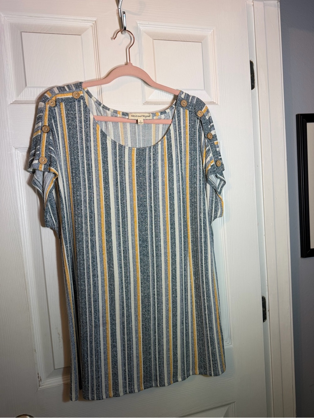 Striped Button-Shoulder Midi Dress in Blue and Yellow